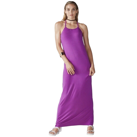 Fabletics Neema Long Maxi Dress Purple Sleeveless Stretch Knit Pull On XL - Picture 2 of 8